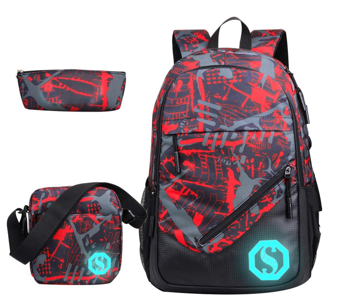 SellerFun Teenage Boy Girl Unisex Multifunctional School Bag Backpack with Florescent Mark(ColorG 3 Sets,20L)