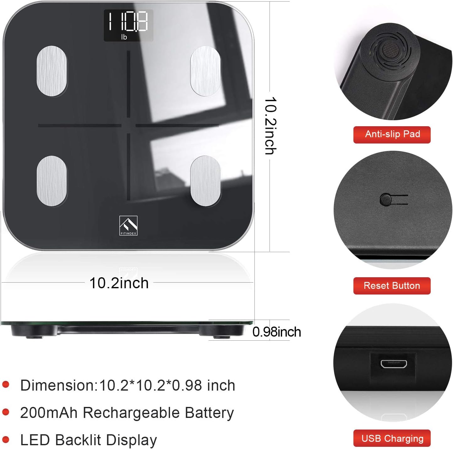 FITINDEX Smart Body Fat Scale, BMI Bathroom Scale, Digital Body Composition Analyzer Rechargeable Weight Monitor with App for Smartphone: Health & Personal Care