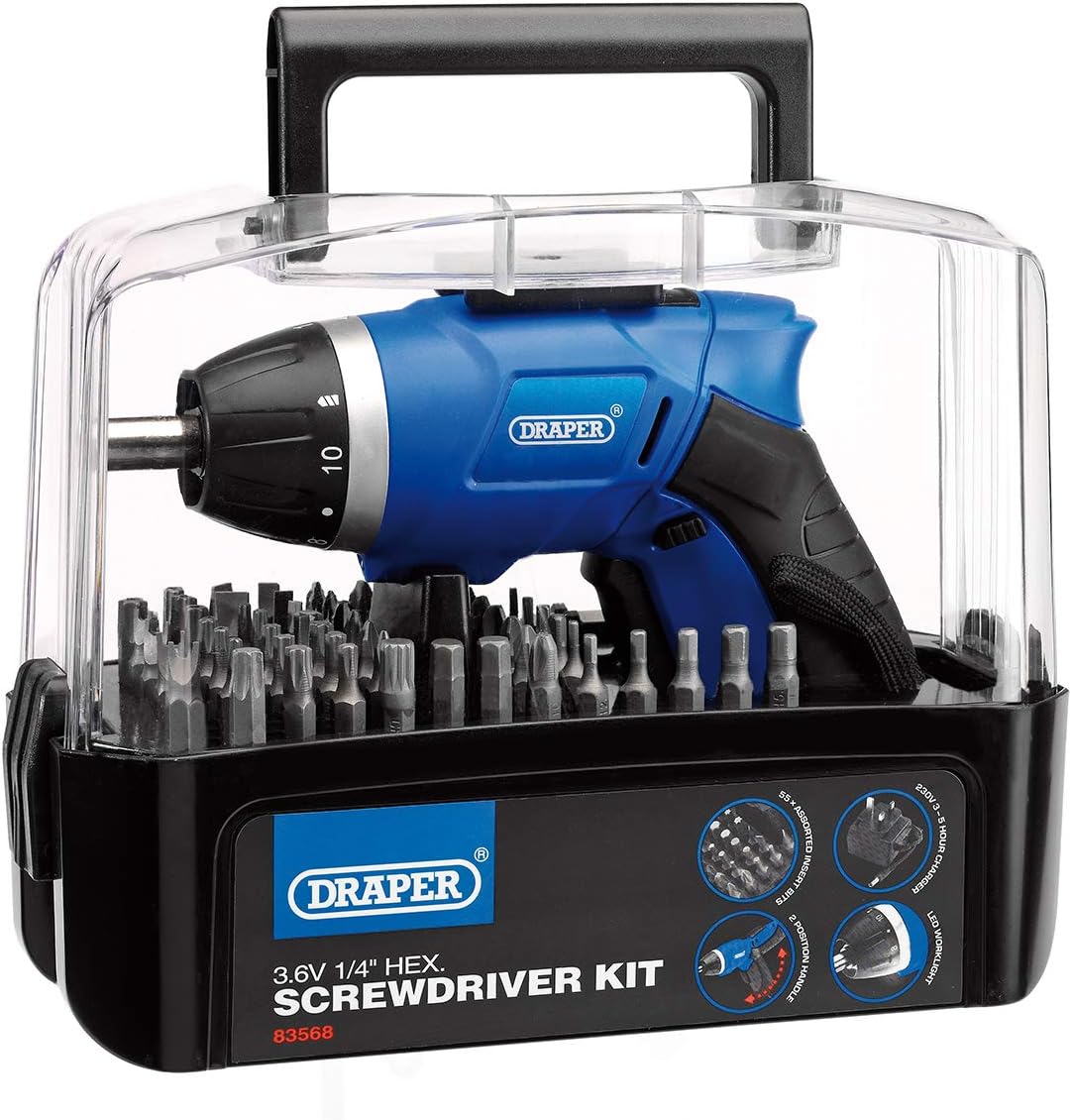 Draper Storm Force 3.6V Cordless Li-Ion Screwdriver and 50-Bit Kit, Blue - Image 4