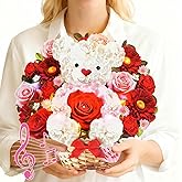 MZD8391 Anniversary Card with MUSIC & LIGHTS, Pop Up Birthday Cards & Wedding Card, 10 Inch Bear Rose Forever Bouquet Mothers Day Gifts for Her Women Mom Wife