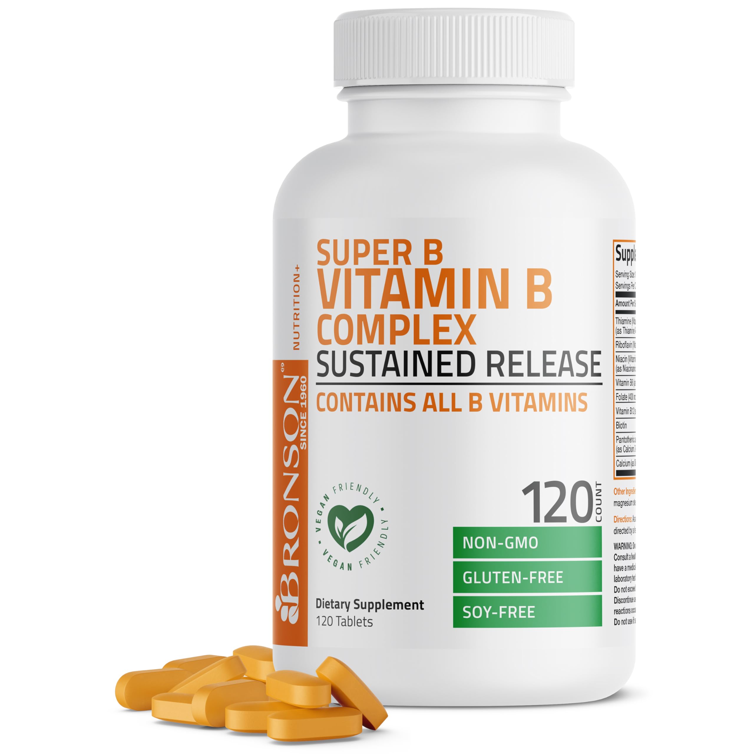Photo 1 of Bronson Super B Vitamin B Complex Sustained Slow Release (Vitamin B1, B2, B3, B6, B9 - Folic Acid, B12) Contains All B Vitamins 120 Tablets