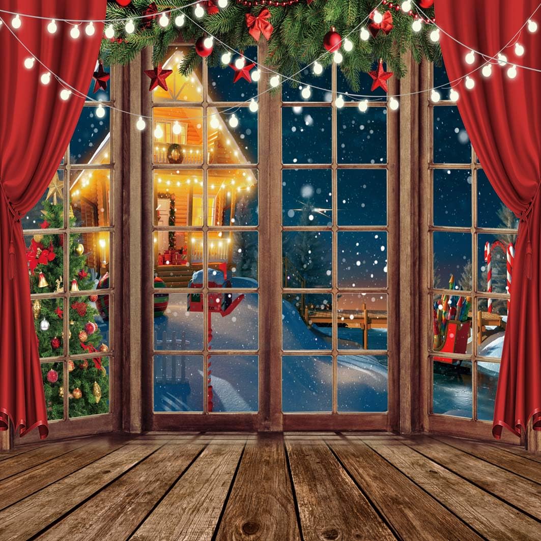 AIIKES 10x10FT Christmas Window Backdrop - Indoor Family Party Decoration Photography Backdrop XY73