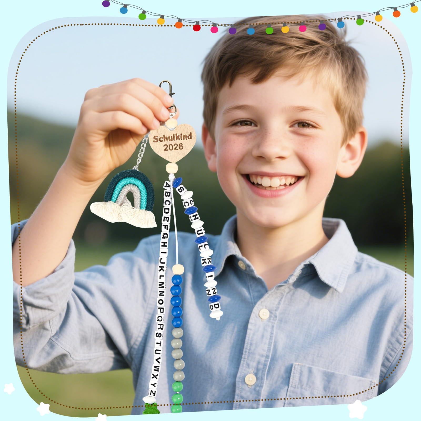 KUPITM6 Rechenkette Geschenk Einschulung Jungen, Glücksbringer Schulanfang Junge, Schlüsselanhänger Glücksbringer Schultüte Füllung, Schulanfang Geschenke mit Grußkarte Geschenkbox 3