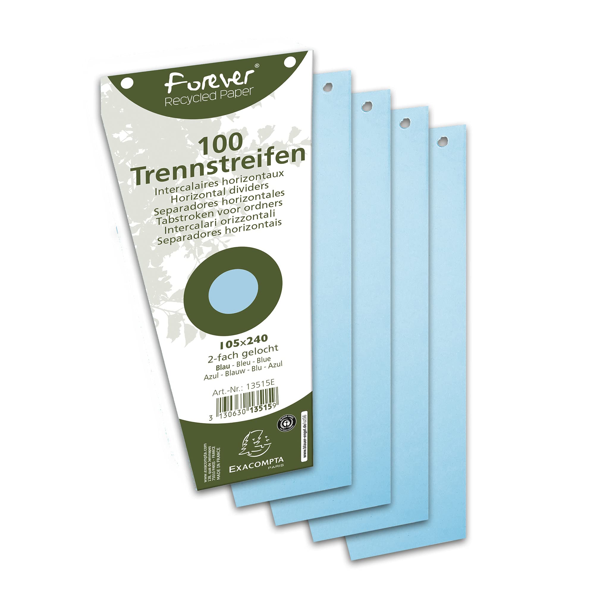Exacompta - Ref 13515E - Forever Collection - Recycled Punched Card Dividers - 105 x 240mm, Pre-Punched for Folders or Files, Plain Recycled 180gsm Card - Blue (100 Pack)