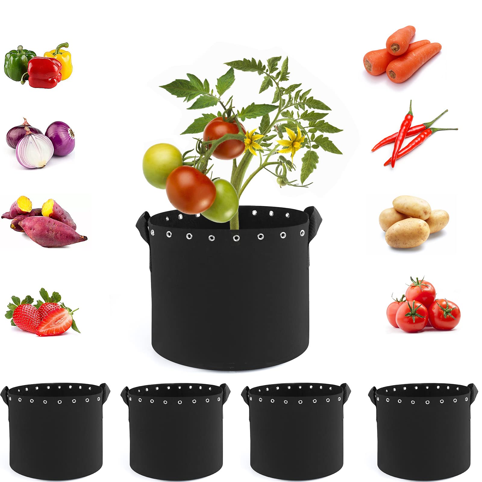 5 Gallon Plant Grow Bags, 5-Pack Thickened Non-woven Aeration Fabric Pots with Handles and Holes, 19 litres Plant Fabric Containers (5-Pack 5 Gallon)
