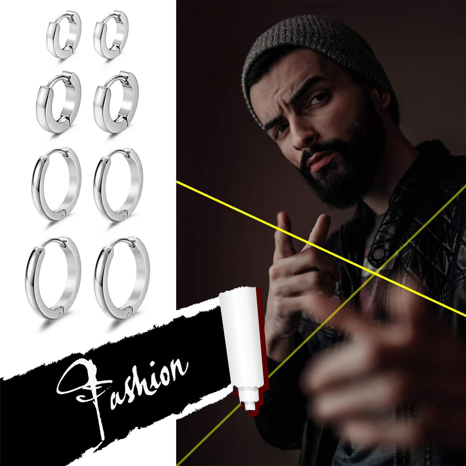 4 works Men Huggie Earrings Hinged Hoop Dangle Earrings - Image 3