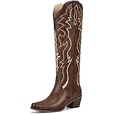 wetkiss Cowboy Boots for Women Knee High Cowgirl Tall Boots with Classic Retro Embroidered Chunky Heel Slip On Pointed Toe Womens Western Boots for Girls Ladies