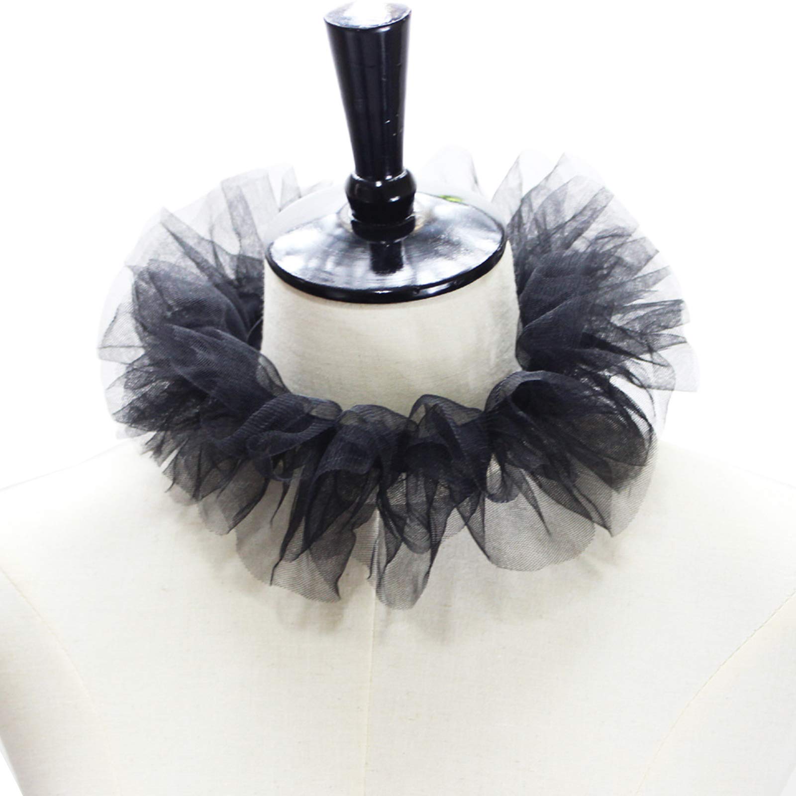 JHD Women Renaissance Tulle Fluffy Ruffled Fake Collar Vintage Layered Mesh Small Neck Ruff Lace-Up Decorative Clown Choker Wrap Cosplay Costume Props