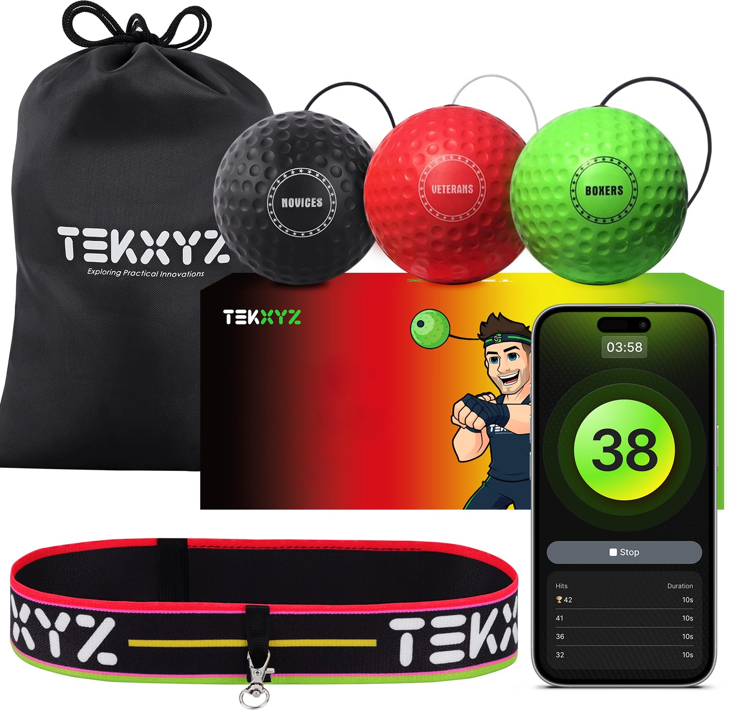 TEKXYZ Reaction Ball, 3 Different Boxing Reaction Ball with Headband, Softer Than Tennis Ball, Perfect for Reaction, Agility, Punching Speed, Fight Skill and Hand Eye Coordination Training