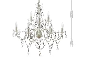 gypsy color The Original Brink House Plug-in 9 Light Crystal White Hanging Swag Chandelier H26”xW27”, White Metal Frame with Clear Glass Stem and Acrylic Crystals