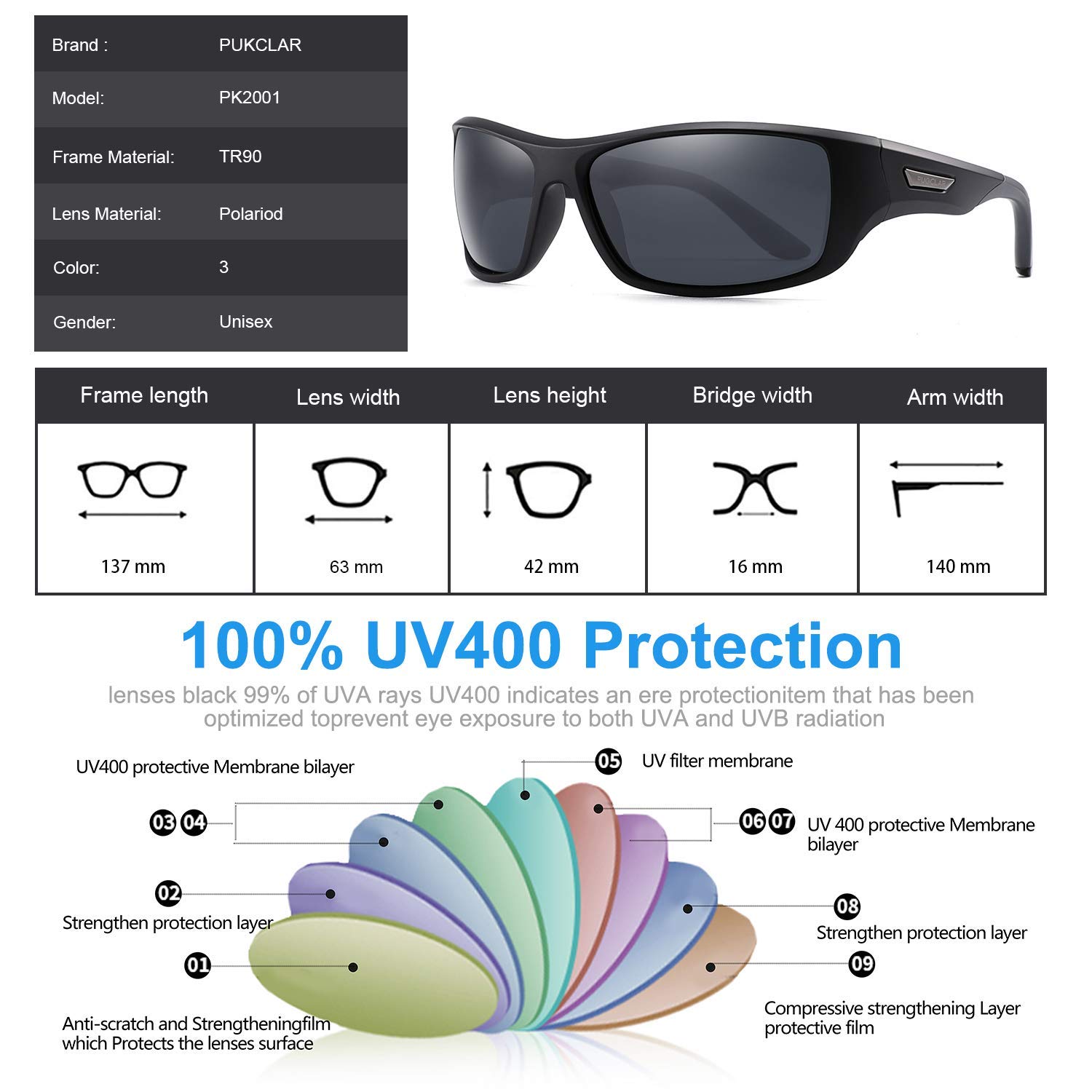 PUKCLAR Sonnenbrille Herren Polarisierte Sportbrille Radsportbrillen Fahrerbrille Damen UV400 Schutz, L, C1 Schwarzer Rahmen / Cat 3 Grau 8