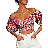SweatyRocks Women's Off Shoulder Boho Tropical Print Bishop Short Sleeve Crop Blouses Vacation Tops