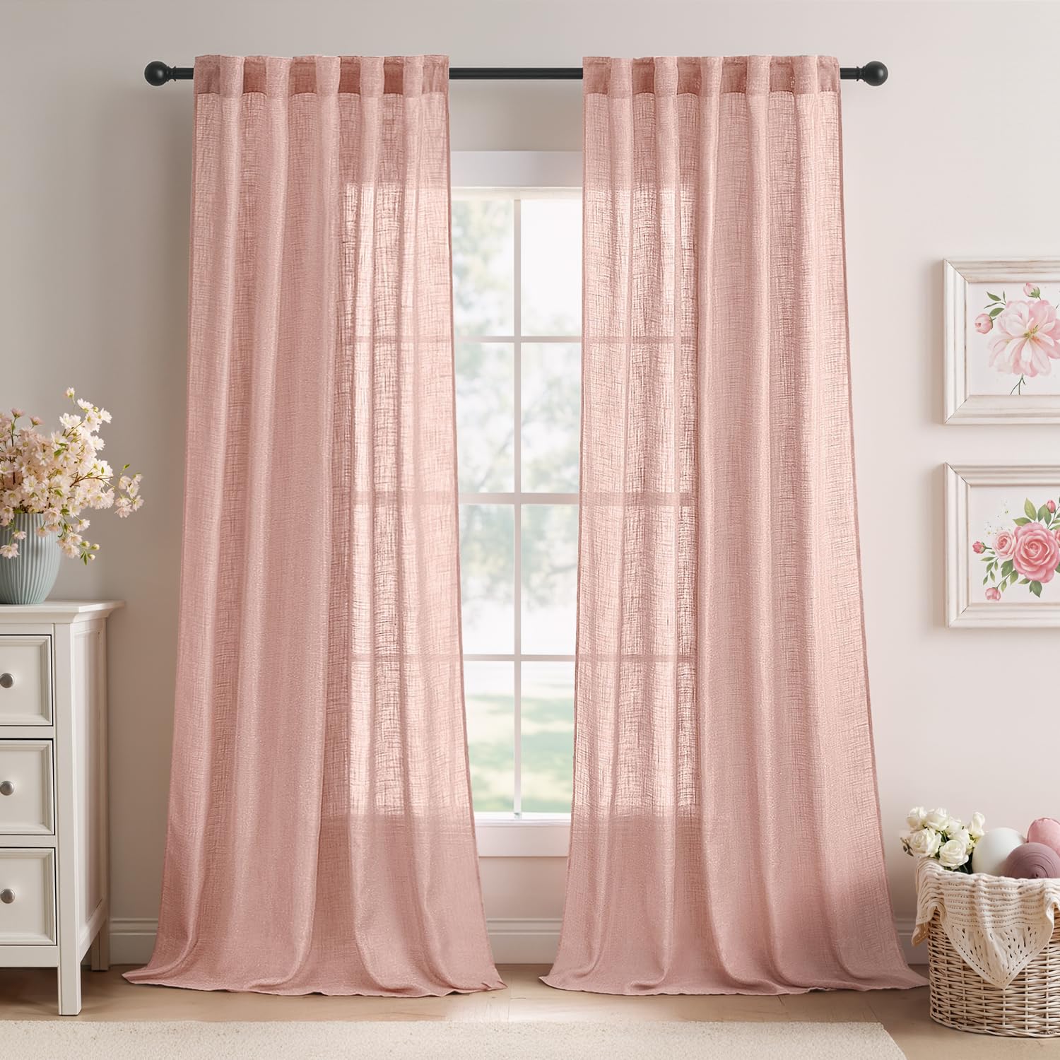 MIULEE Blush Pink Linen Curtains 84 Inch Length 2 Panels for Girls Bedroom Nursery, Soft Thick Linen Textured Window Drapes Semi Sheer Light Filtering Back Tab for Kids Living Room Light Pink Decor Image