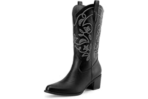 DREAM PAIRS Cowboy Boots for Women Cowgirl Western Boots Fashion Embroidery Stitched Chunky Heel Mid Calf Boots