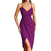 Missufe Women's Wrap V Neck Sleeveless Spaghetti Strap Ruched Bodycon Midi Slit Summer Party Cocktail Dress