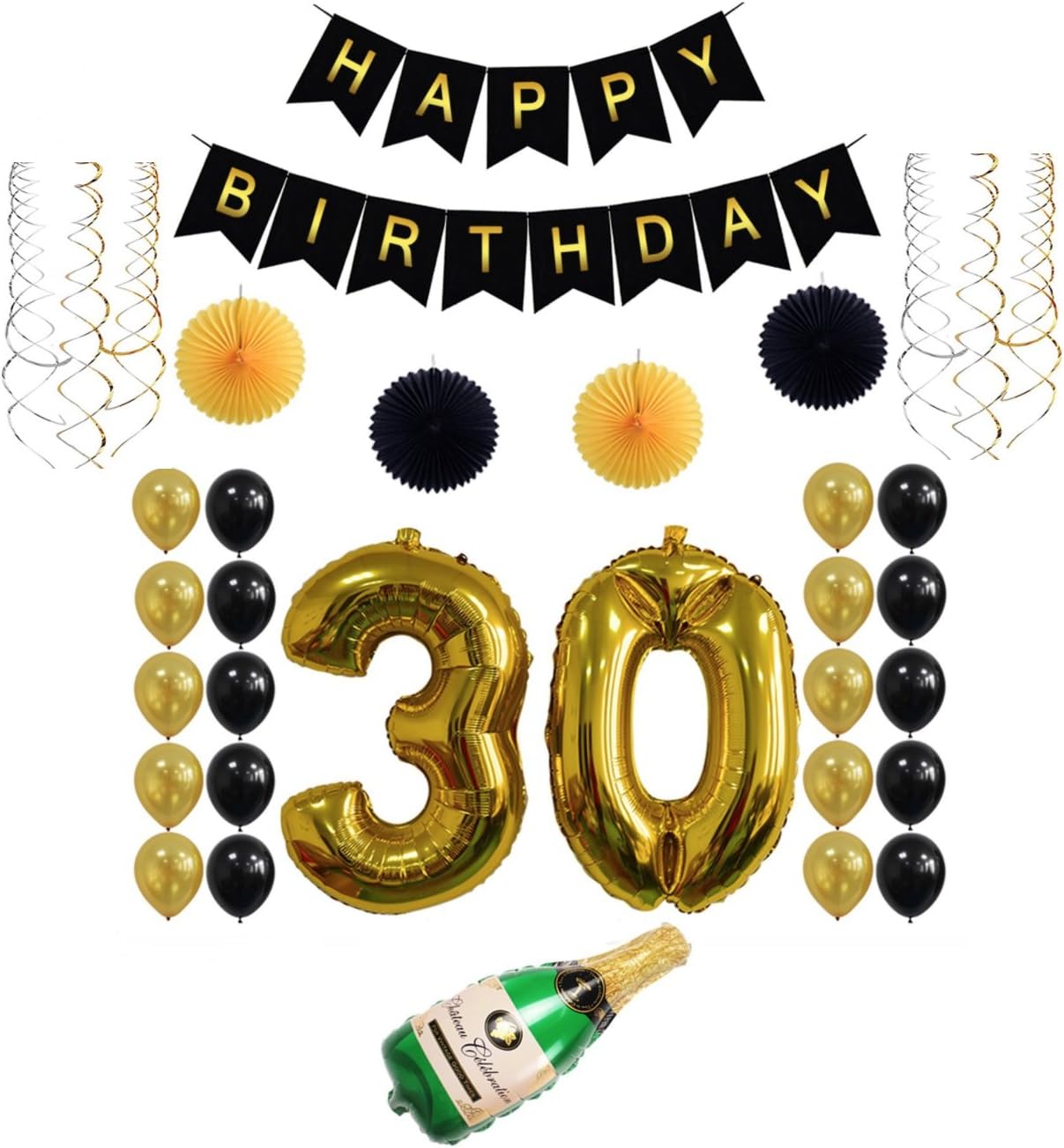 Golden 30th Year Happy Birthday Letter Balloon Banner Party Set of 34 Pack Mylar Foil Helium Reusable Latex Metallic Ballons with Gold Black Pom Sliver Swirl Congratulation Decoration Idea Celebration