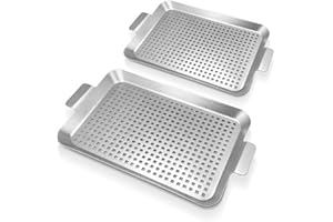 BAOKITOOK Grill Pan Set of 2, Grill Topper for Outdoor Grill, Stainless Steel Roasting Basket with Handles, Perforated Grill Tray for Smoker Roasting, Oven, BBQ Accessories(2 Small)