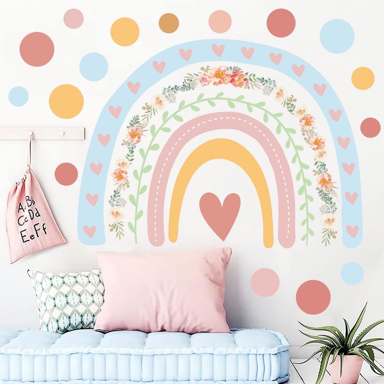 Tanlaby Rainbow Wall Stickers Colorful Rainbow Flowers Wall Decal Boho Dots Wall Decor DIY Vinyl Mural Art for Girls Baby Nursery Bedroom Playroom Home Decor