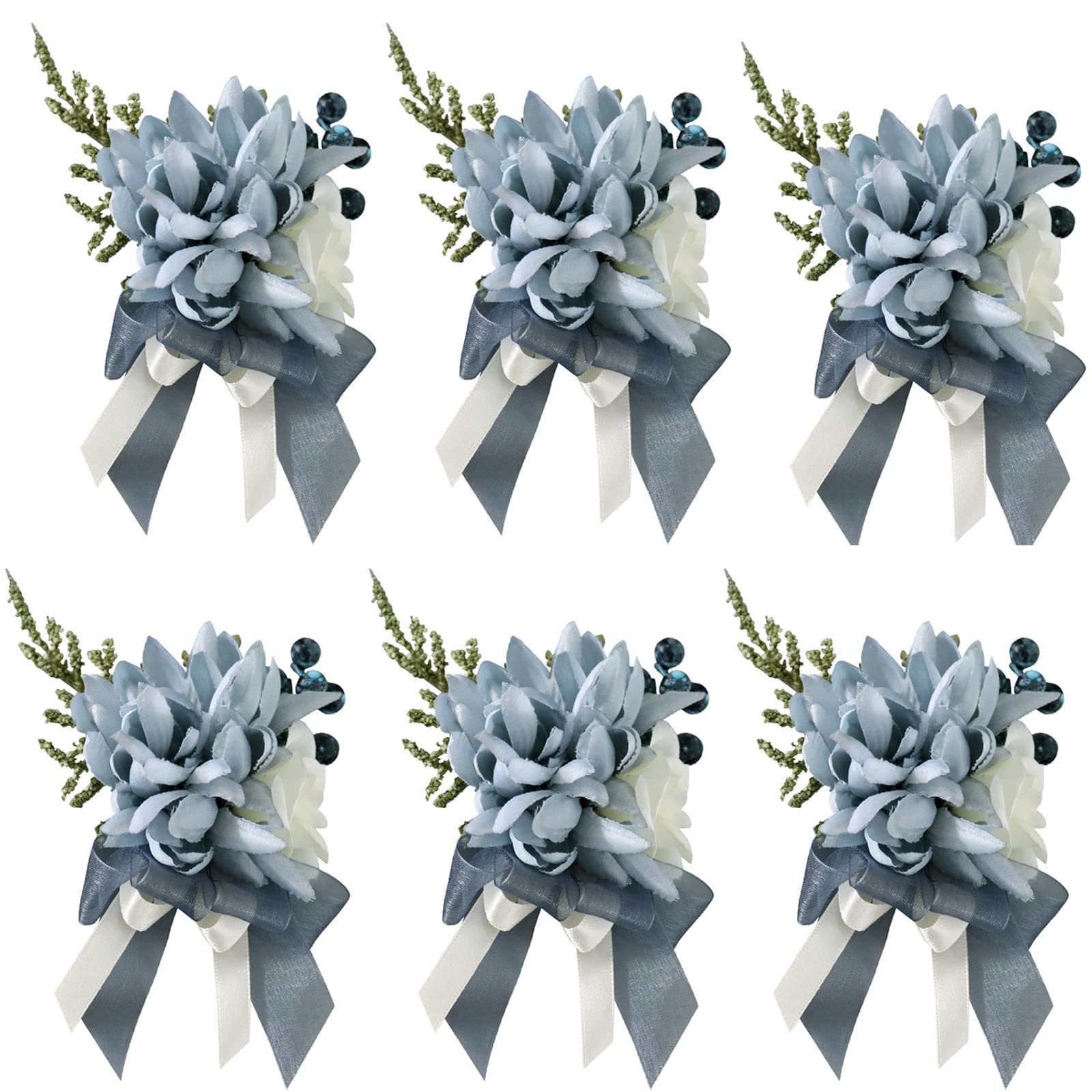 Maoiut Set of 6 Dusty Blue Rose Wrist Corsage Wristband Handmade Bride Wrist Flower with Elastic Band for Wedding Prom Party Decor