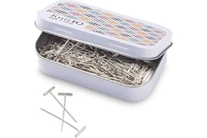 KnitIQ Strong Stainless Steel T-Pins for Blocking Knitting, Crochet & Sewing Projects | 150 Units, 1.5 Inch Pin Needles | Comes with Hinged Reusable Tin (Stitch Design)