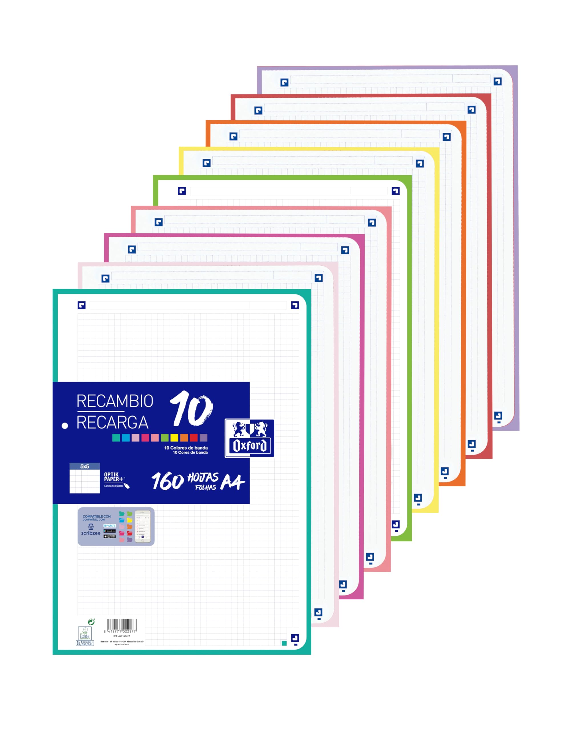 Oxford - A4 Perforated Squared Sheets, Refill File, 160 Sheets, 5x5 Grid, 10 Band Colours