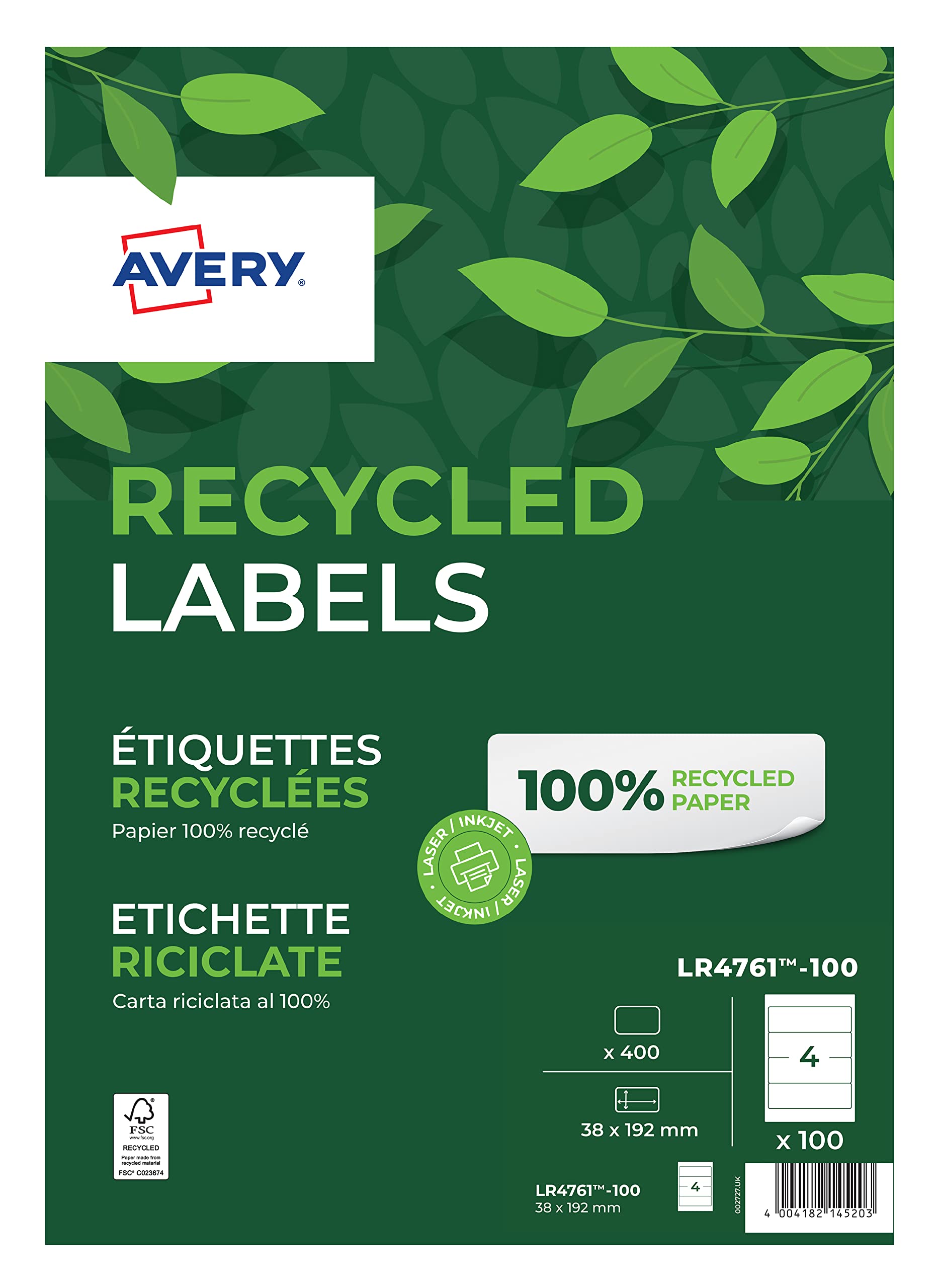 Avery LR4761-100 Recycled Filing Labels (A4 Sheets of 61 x 192 mm, 4 Labels Per Sheet, 100 Sheets) - White