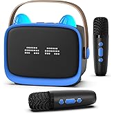 Mgaolo Upgraded Mini Karaoke Machine Toy for Kids, Portable Bluetooth Speaker with 2 Wireless Mics, Emoji & Colorful LED Lights, Home Travel & Party Play Gifts for Boys Girls (Blue)