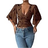 SHENHE Women's Floral Boho Crop Top Deep V Neck Flutter Sleeve Summer Dressy Going Out Shirt