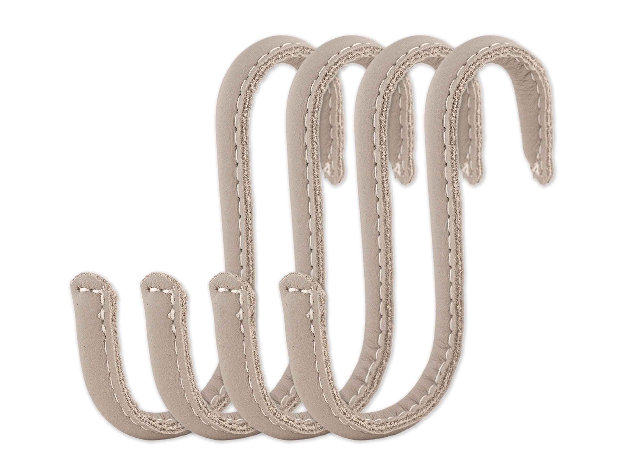 Brute Strength - S Shaped Hooks Wrapped in Full Grain Leather - 4 pcs - Light Grey - 10 cm Stainless Steel Metal Hangers Hanging Hooks for Kitchen, Work Shop, Bathroom
