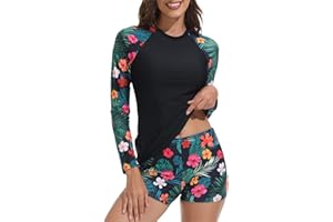 JASAMBAC Womens Rash Guard UV UPF 50+ Long Sleeve Surfing Two Piece Swimsuits with Built in Bra