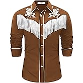 EDFTM Men's Western Cowboy Fringe Shirts Long Sleeve Button Down Embroidered Vintage Casual Hippie Shirts