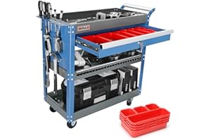 AIRAJ 3 Tier Rolling Tool Cart,Mechanic Tool Cart on Wheels,Industrial Utility Cart with Drawers and Pegboard,440 LBS Capacity Tool Storage Cart for Garage,Warehouse,Blue