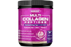ZEBORA Multi Collagen Peptides Powder - Hydrolyzed Collagen Type I II III V X with Hyaluronic Acid, Biotin, Vitamin C - Support Skin Hair Nail Joints, Non-GMO, Unflavored, Keto Friendly