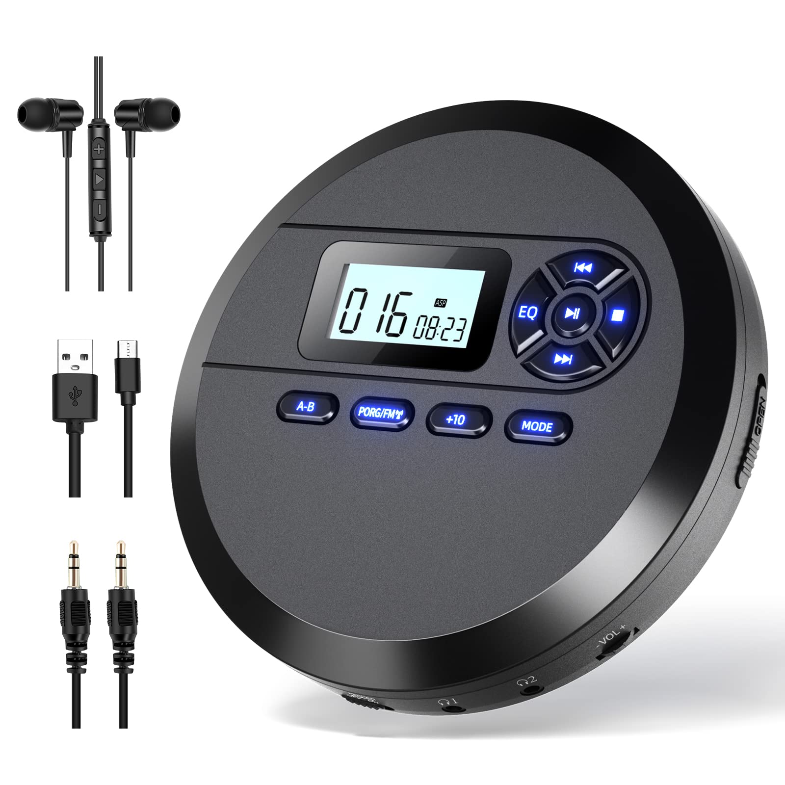 ポータブルCDプレーヤーコンパクトスピーカー内蔵 FMトランスミッター付き 2000mAh充電式電池搭載 DESOBRY +10スキップ機能 5EQエフェクト A-Bリピート/プログラム再生 32GBTFカード･CD･MP3等対応 ASP防振で音飛び防止 AUX出力端子 ダブルイヤホン端子 日本語取扱説明書付き商品画像