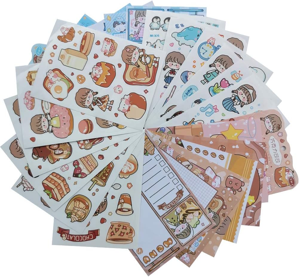 Kawaii Girl Stickers Memo Set Cute Animal Whale Sea Lion Rabbit Chocolate Food Cake Drink Donuts DIY Art Craft Self-adhesive Sticker for Scrapbooking Personal Journal Album Planners Diary Gift Sealing