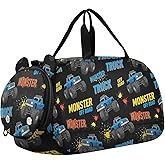 Kids Duffel Travel Bag Boys Girls Monster Truck Black Pattern Dance Bag Sport Weekend Cheer Overnight Tote with Shoe Compartment