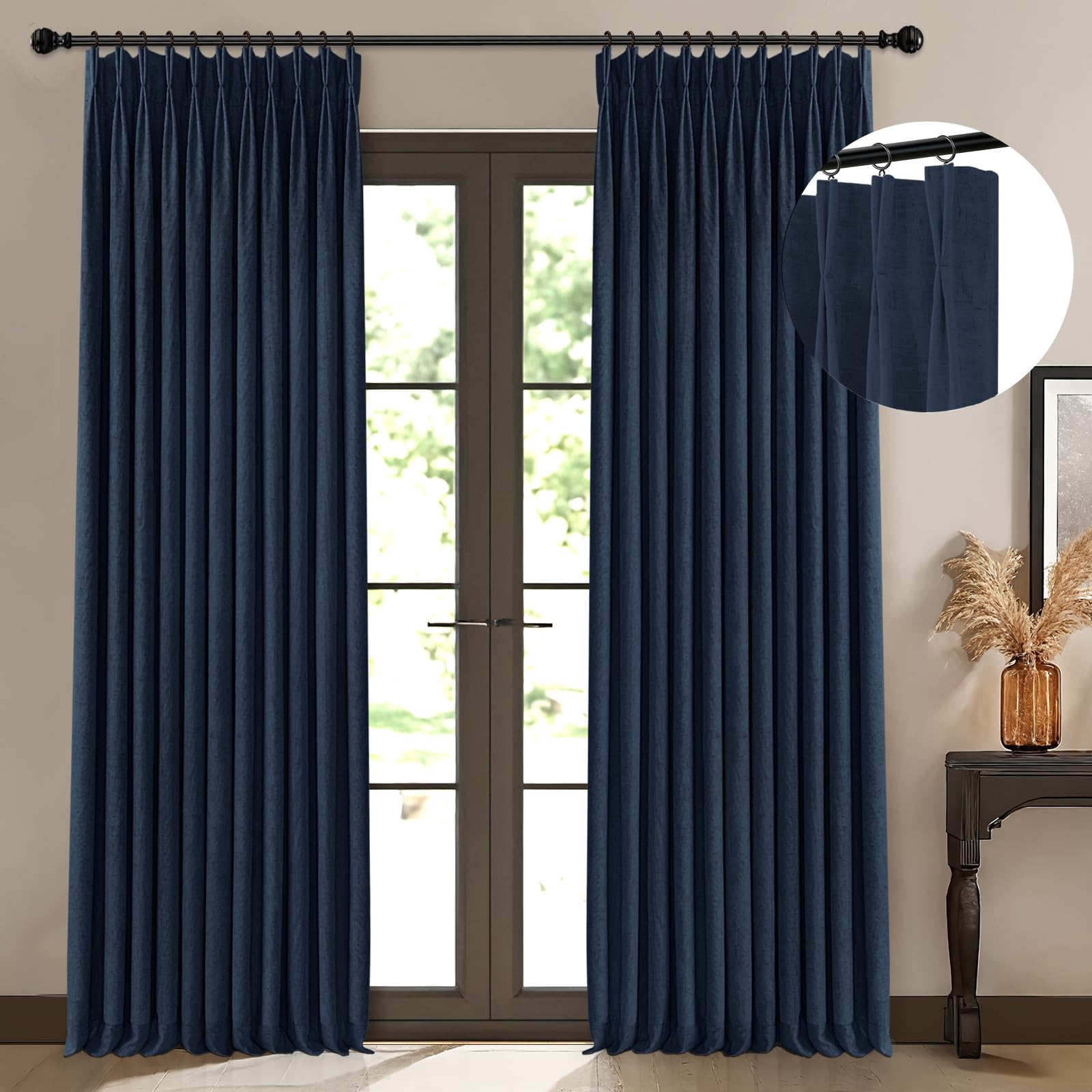 Photo 1 of CAPALOCA Pinch Pleated Blackout Curtains 90 Inch Long, Linen Blend, 100% Blackout Drapes with 20 Hooks, Ideal for Bedroom and Living Room, 40" W x 90" L (Pack of 2), Navy Blue
