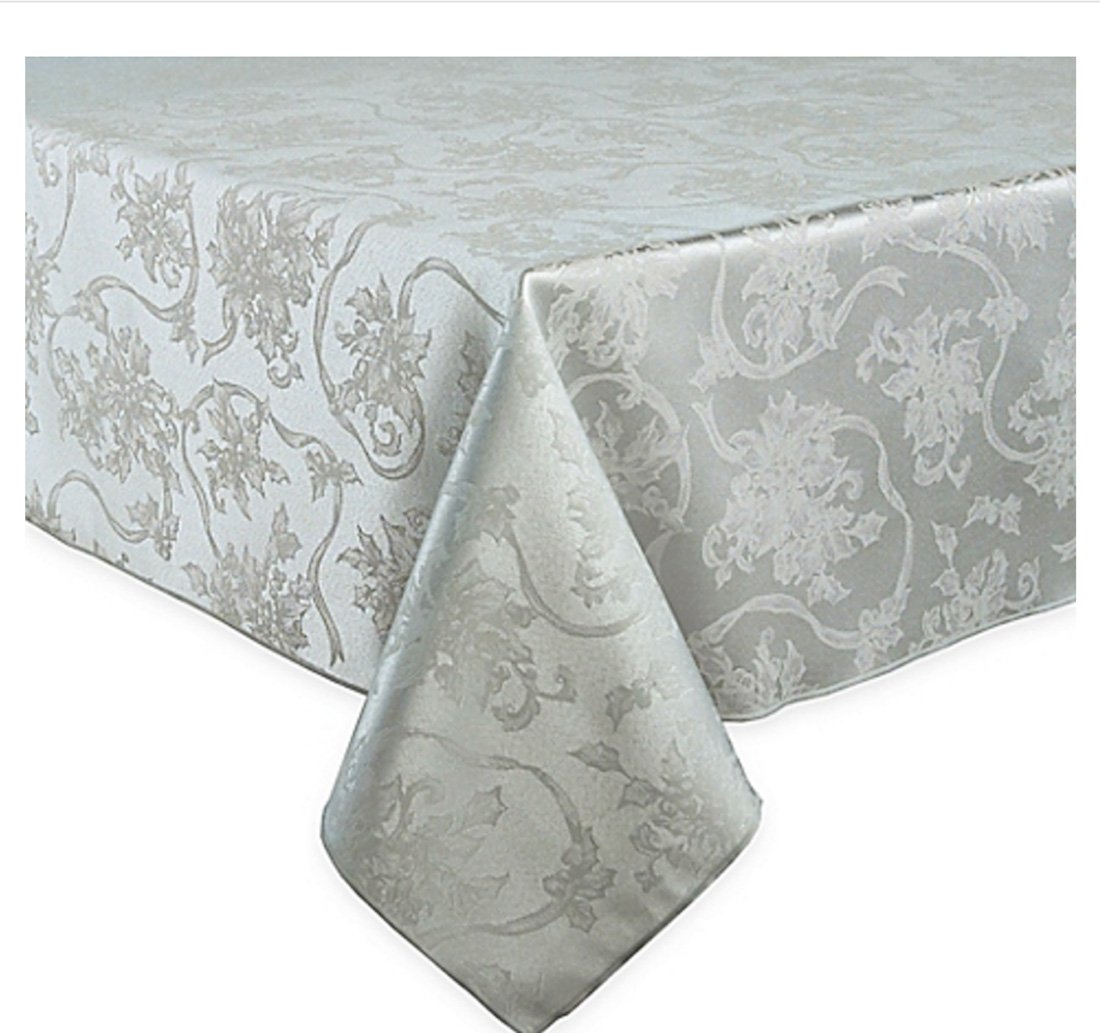 Christmas Ribbons Platinum Silver Gray Damask Fabric Tablecloth (60 x