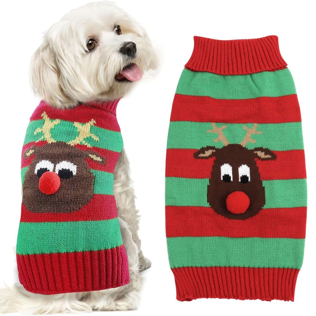 Asmea Reindeer Knitted Dog Sweater - Warm Pet Clothes, Soft Puppy Cat Christmas Jumper - Medium Green