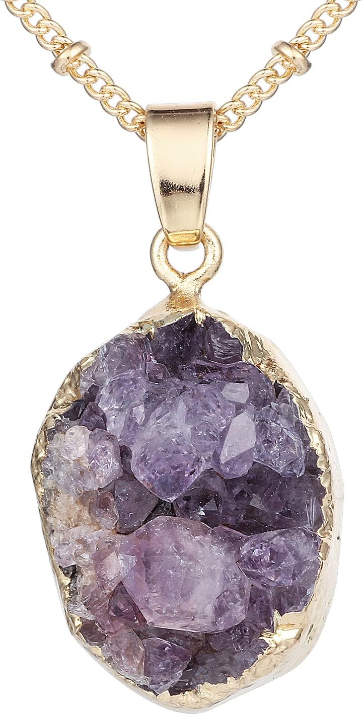 Bonnie Amethyst Irregular Raw Gemstone Quartz Crystal Stone Pendant Necklace 24" Handmade Jewelry