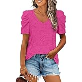 LCXWFE Womens Casual V Neck T Shirt Puff Sleeve Tops Ruched Elegant Summer Shirts