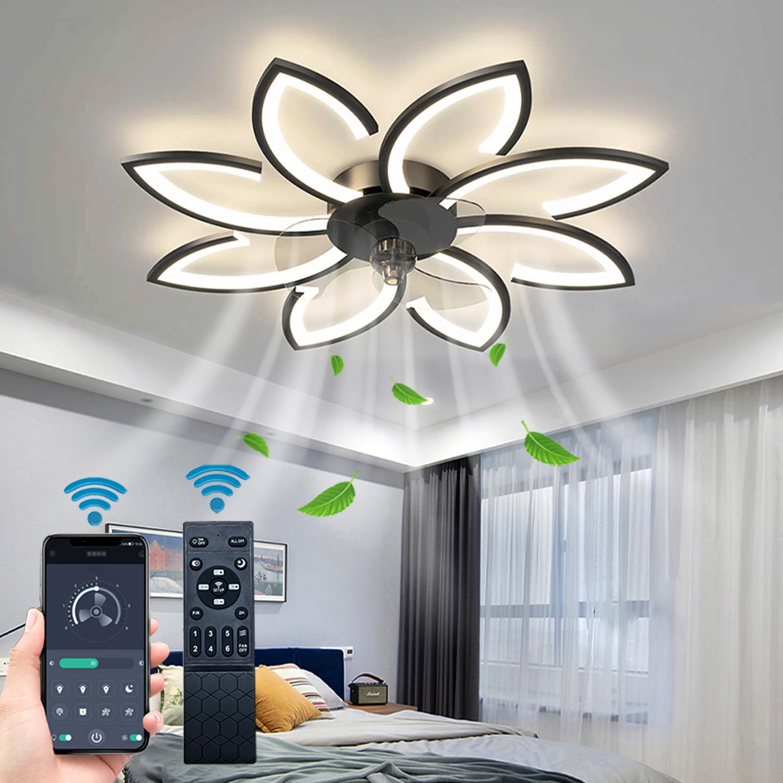 Photo 1 of BESKETIE 35'' Bladeless Ceiling Fan with Lights Remote Control, Modern Low Profile Ceiling Fans with Lights, Dimmable 3 Color 6 Speeds Flush Mount LED Ceiling Fan for Bedroom, Living Room - Black