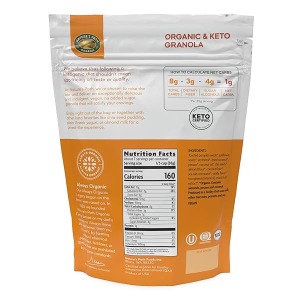 NATURE’S PATH ORGANIC KETOLA CRUNCH® TOASTED PUMPKIN SEED & VANILLA NUT GRANOLA, 8 OZ (PACK OF 1), GLUTEN FREE, NON-GMO