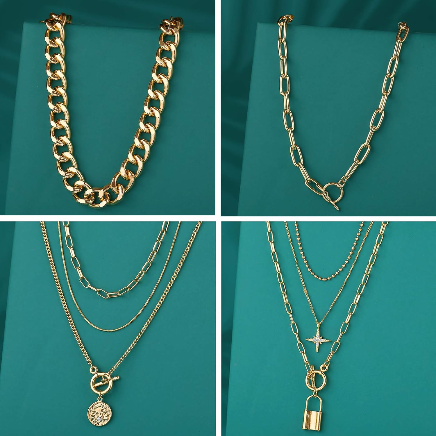 4PCS Gold Layered Chain Necklace set for Women Girls Boho Choker with Lock Coin Pendant Dainty Initial Necklaces Chunky Curb Link Paperclip Jewelry for Gift: Clothing