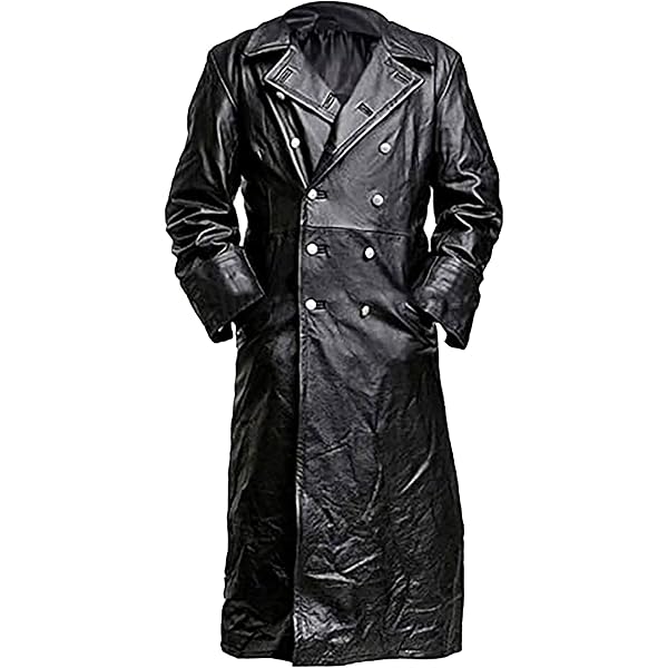 German Classic WW2 Military Officer Black Leather Trench Coat