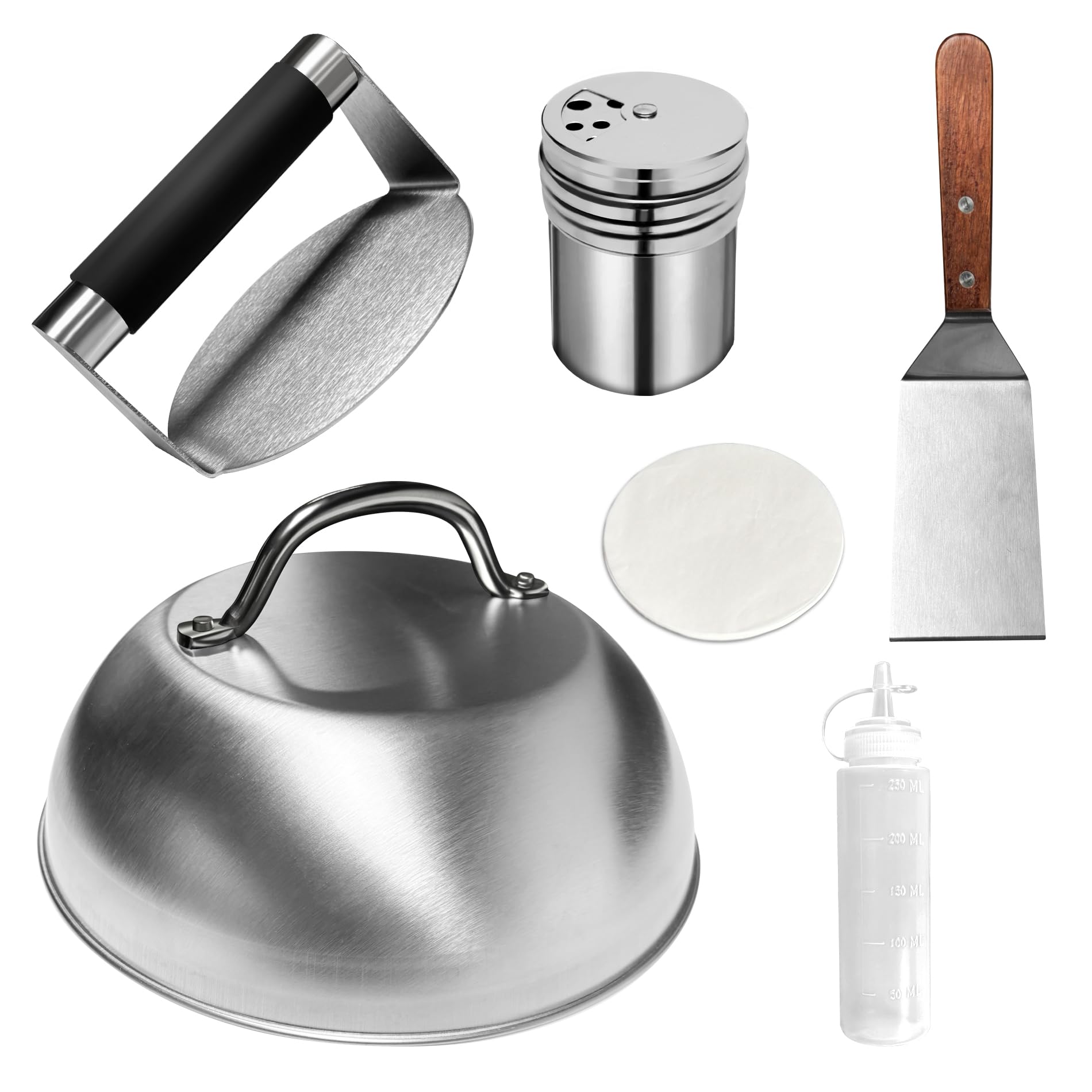 Hmfmdy Burger Press Kit, Burger Smasher & Metal Burger Spatula, Basting Cover, Spice Dredge Shaker, Wax Disc Paper, Squeeze Bottles, BBQ Griddle Accessories Kit, BBQ Tools Set, Cooking Utensils Set