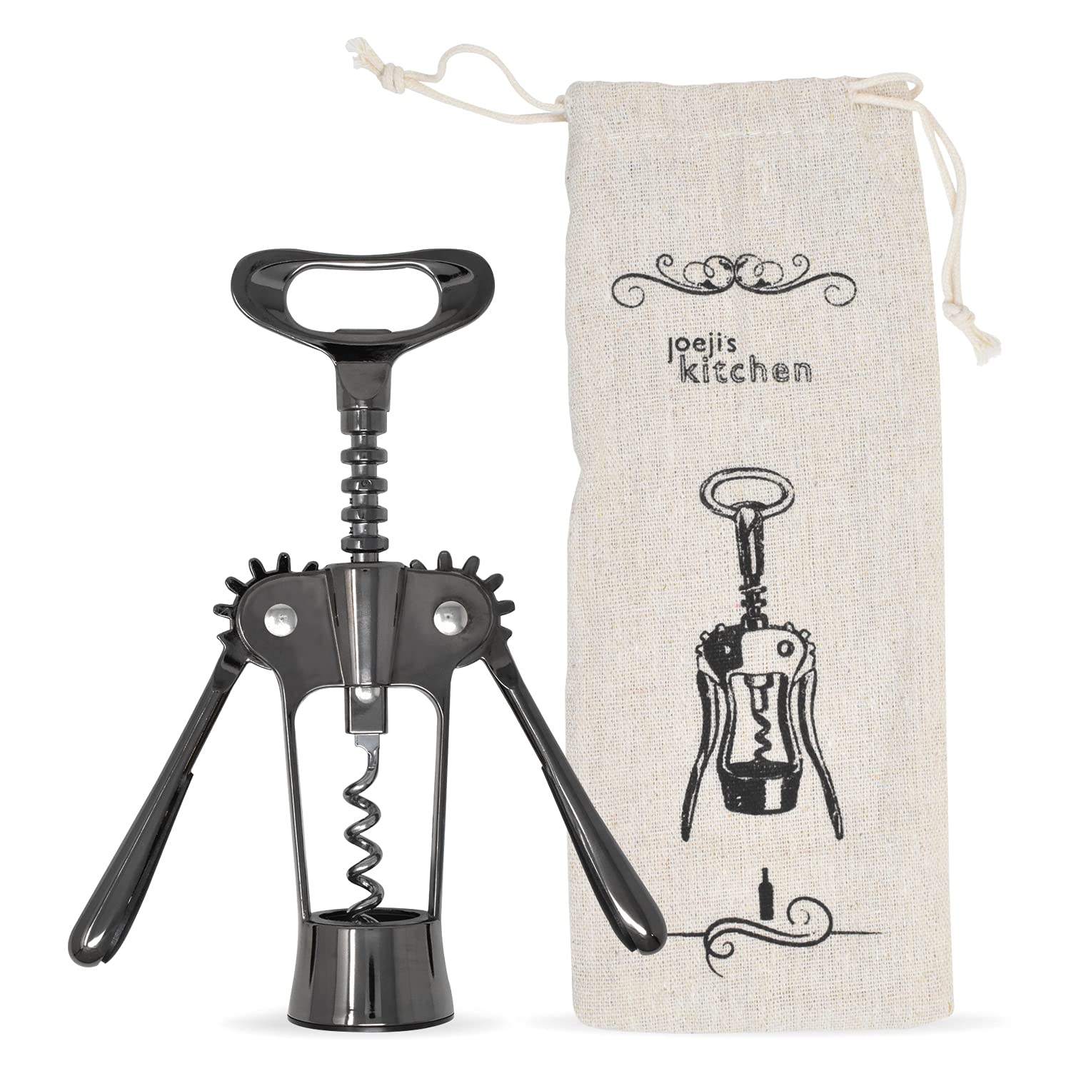 Joeji's Kitchen Wine Corkscrew Bottle Opener - Wing Cork Screw - Remove Beer Olive Oil Multifunctional Corks and Caps - Deluxe Storage Bag - Black