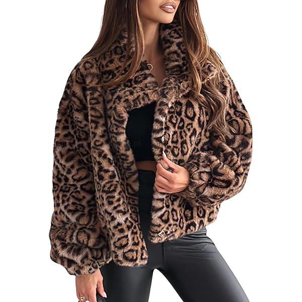 NATHGAM Women's Faux Fur Cropped Coat Leopard Print Retro Button