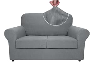 ZNSAYOTX 3-Piece Loveseat Slipcovers High Stretch Spandex Sofa Slip Cover Living Room Love Seat Couch Covers for 2 Cushion Couch Jacquard Small Checks Furniture Protector (Light Grey, Loveseat)