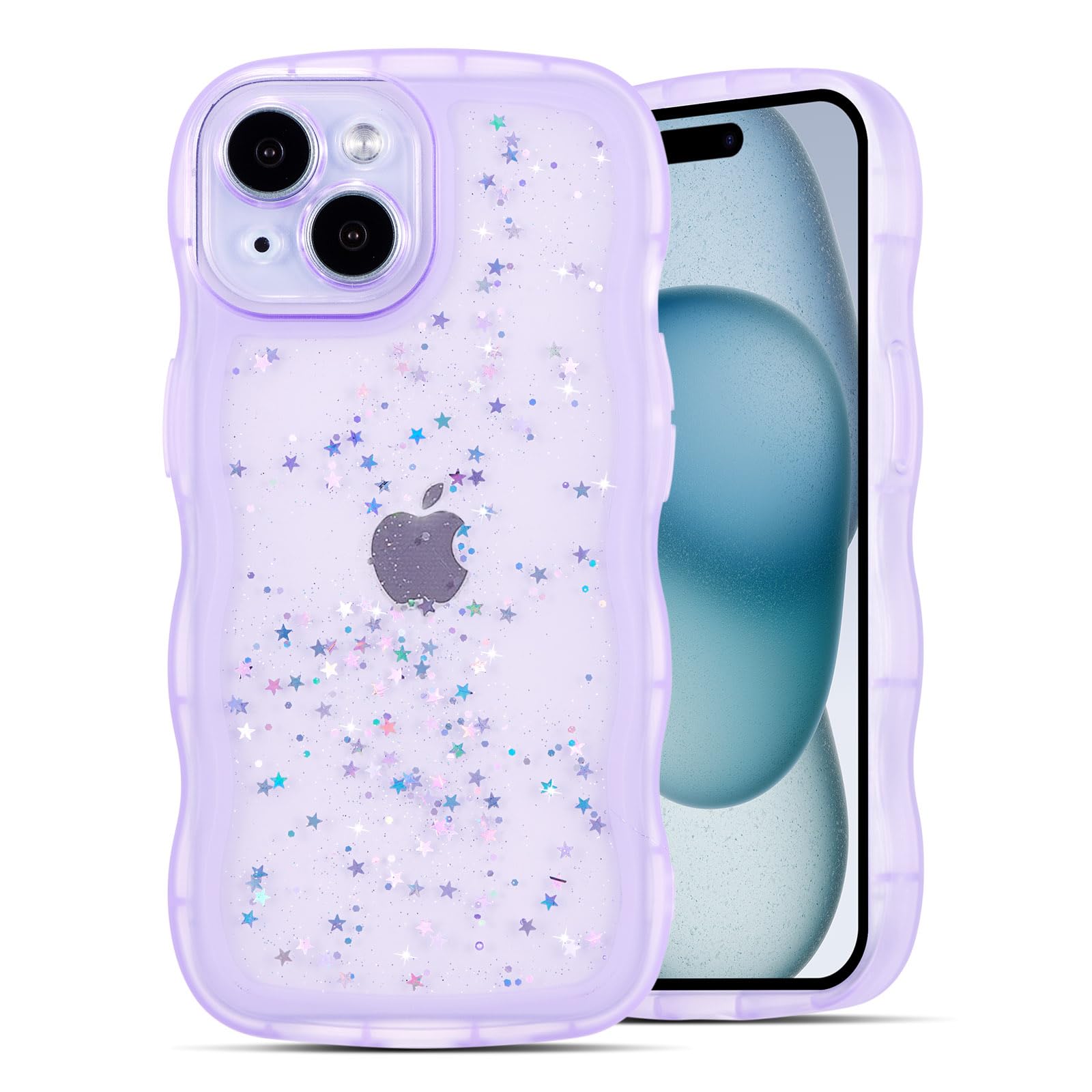 QLTYPRI Compatible with iPhone 13 Case, Cute Curly Wave Frame Clear Glitter Case for Girls Women, Sparkle Bling Soft TPU Bumper Transparent Shockproof Protective Phone Cover for iPhone 13 - Purple — image 1